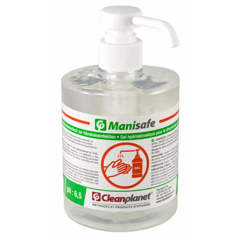 Manisafe - Désinfectant Hydroalcoolique Mains en Gel avec Pompe - Flacon de 500 ml